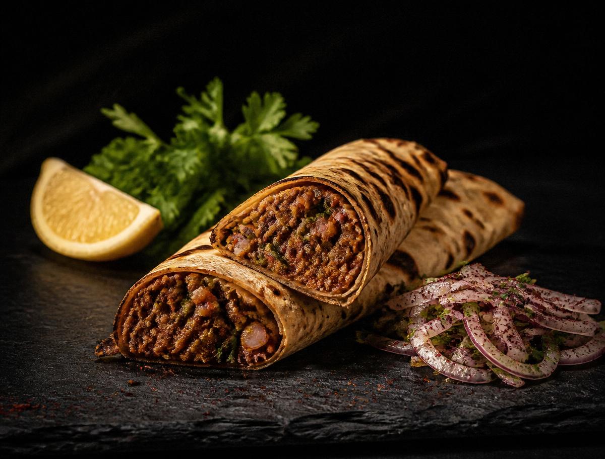 Rullet lahmacun med citron, persille og løgsalat fra Mina Kebab i Ballerup