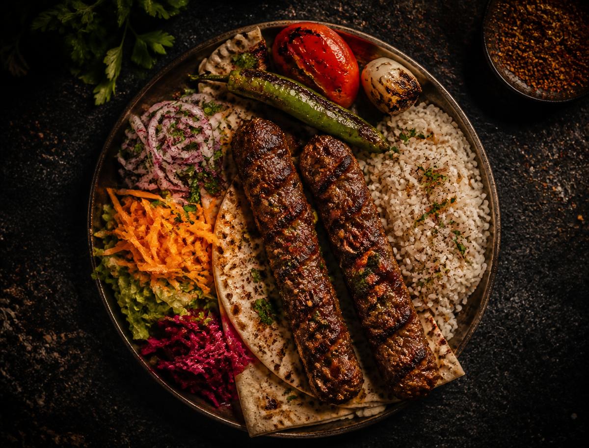 Kebabtallerken med ris, grillet peberfrugt, salat og fladbrød